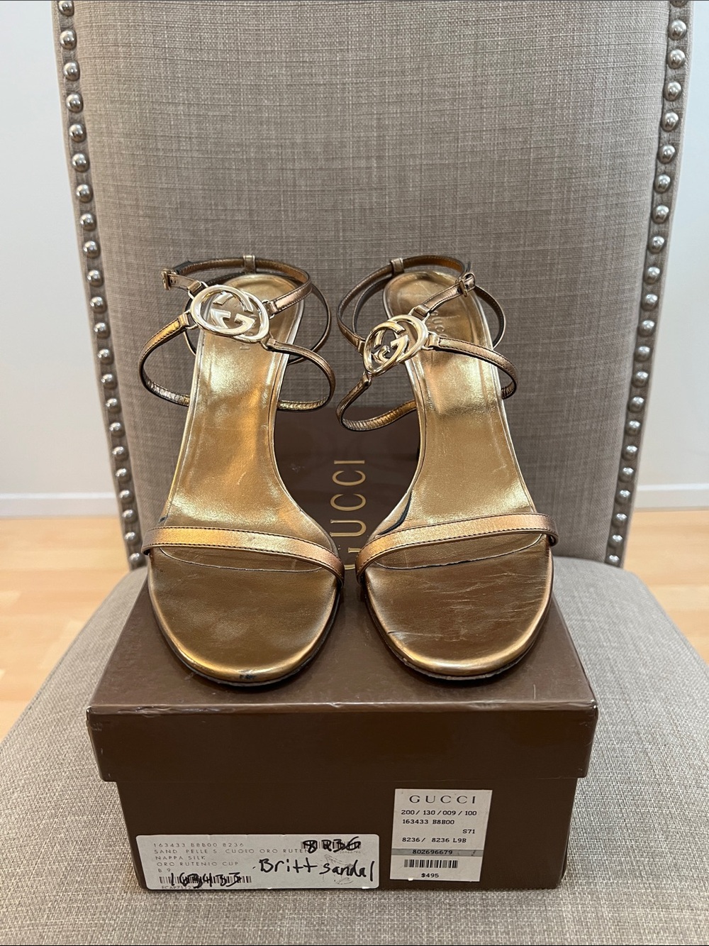 Gucci Gold Leather Double-G Ankle Strap Heels